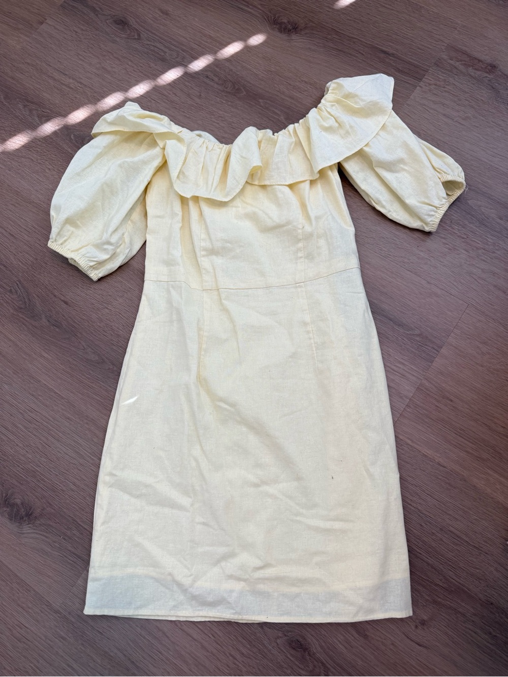 H&M One-Shoulder Ruffle Puff-Sleeve Dress in Pale Yellow